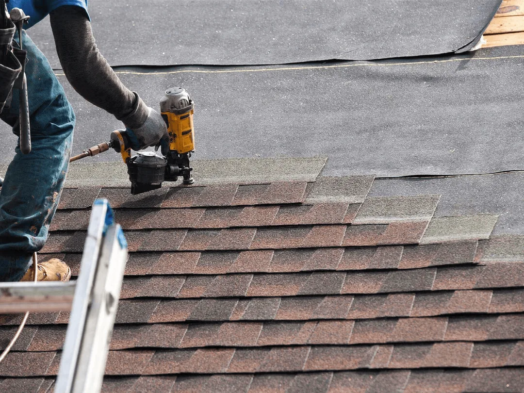 Roofer nailing asphalt shingles over fresh underlayment for new construction roofing